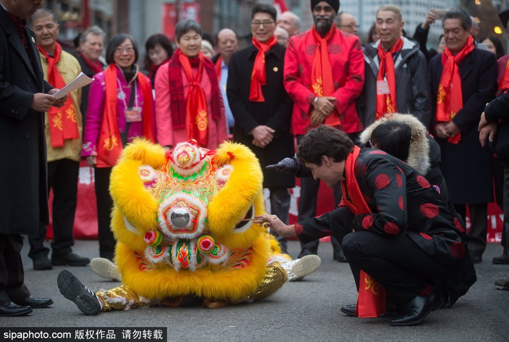 加拿大總理特魯多身著唐裝參加春節(jié)游行 撫摸舞獅頭激萌十足