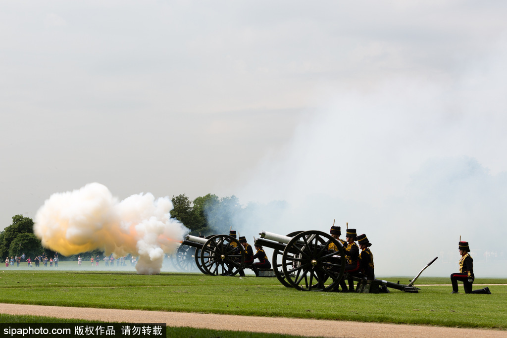 英國皇家騎兵鳴禮炮紀(jì)念女王伊麗莎白二世加冕64周年