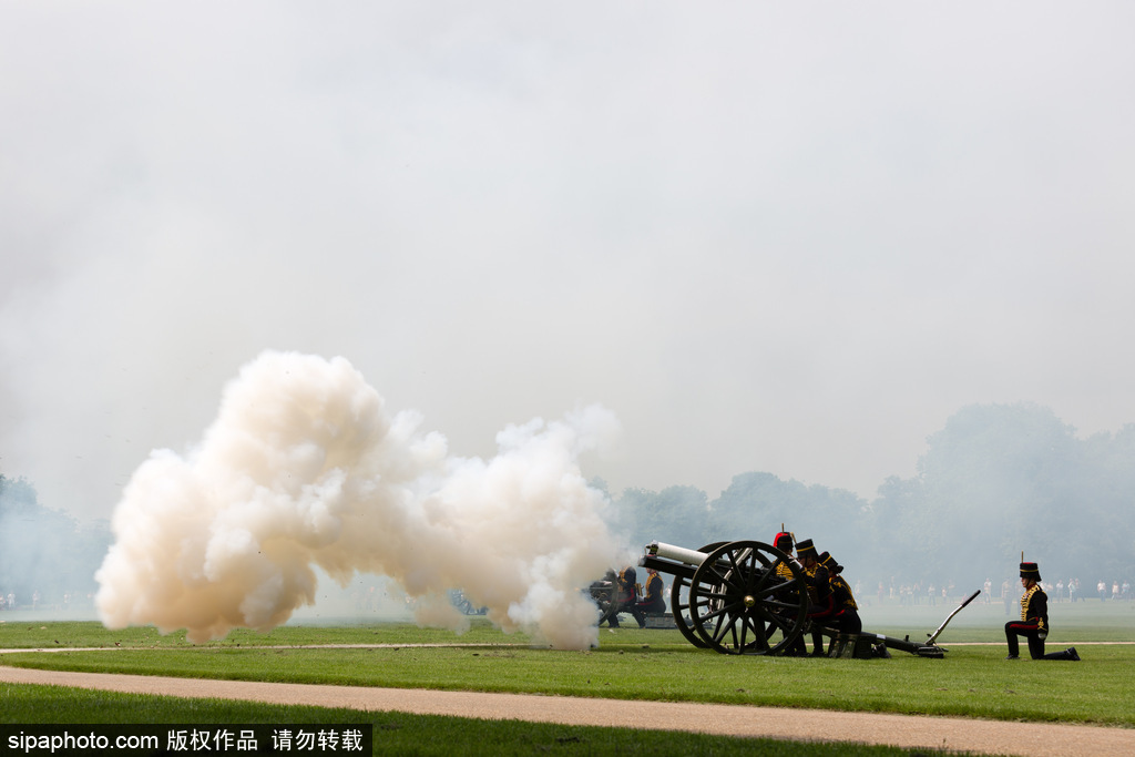 英國皇家騎兵鳴禮炮紀(jì)念女王伊麗莎白二世加冕64周年