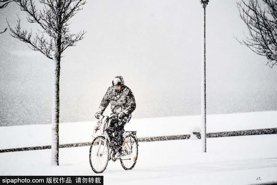 荷蘭鹿特丹降大雪 民眾騎車出行成雪人