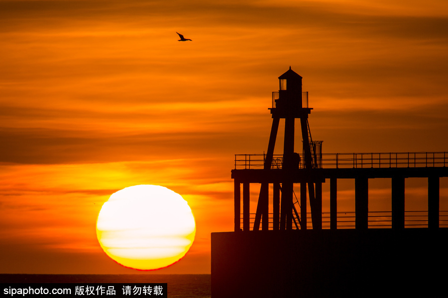 英國惠特比碼頭日出風光 燈塔影影綽綽景色美