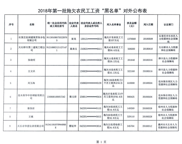 首批拖欠農(nóng)民工工資黑名單公布，被“拉黑”者融資貸款、乘飛機高鐵受限